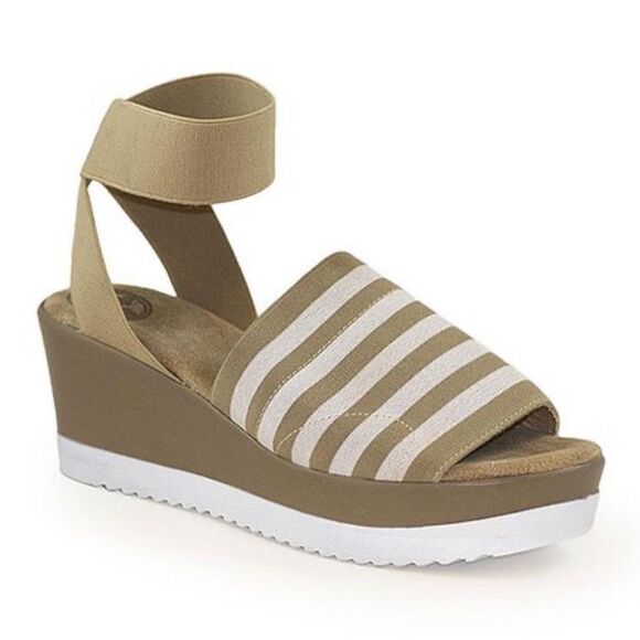 CHARLESTON SHOE CO. NWOT Stripe Palm Wedge Sandal in Tan and White‎ - Picture 1 of 11